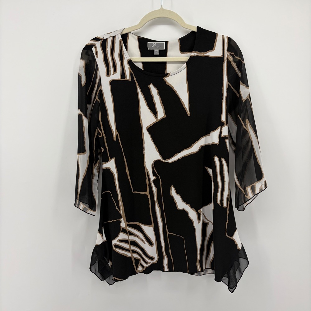 JM Collection Womens Petite Small Black Abstract 3/4 Sleeve Sheer Hem Blouse